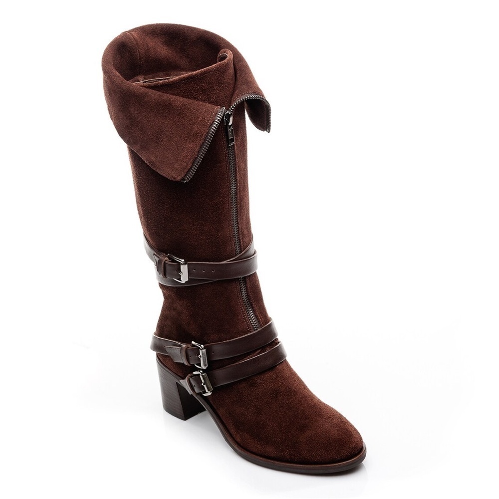 Bernardo Brown Suede Wrap Buckle 2 Way Fold Zipper Heeled Bennie Boot EUC Size 9
